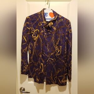 Ralph Lauren Womens Bold Purple Buttondown Shirt with Gold Stirrups Design